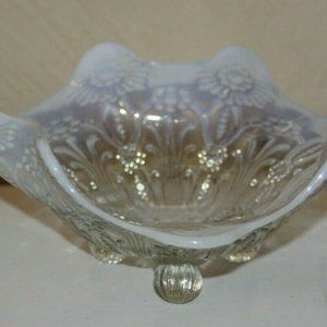 Northwood Glass Pearl Flowers Opalescent Clear White 3 Ball Toed Flared Bowl